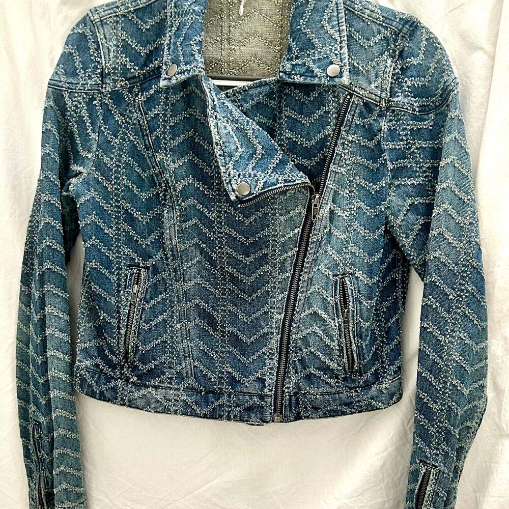 Free People Chevron Denim Moto Biker Jacket Small Blue Y2K